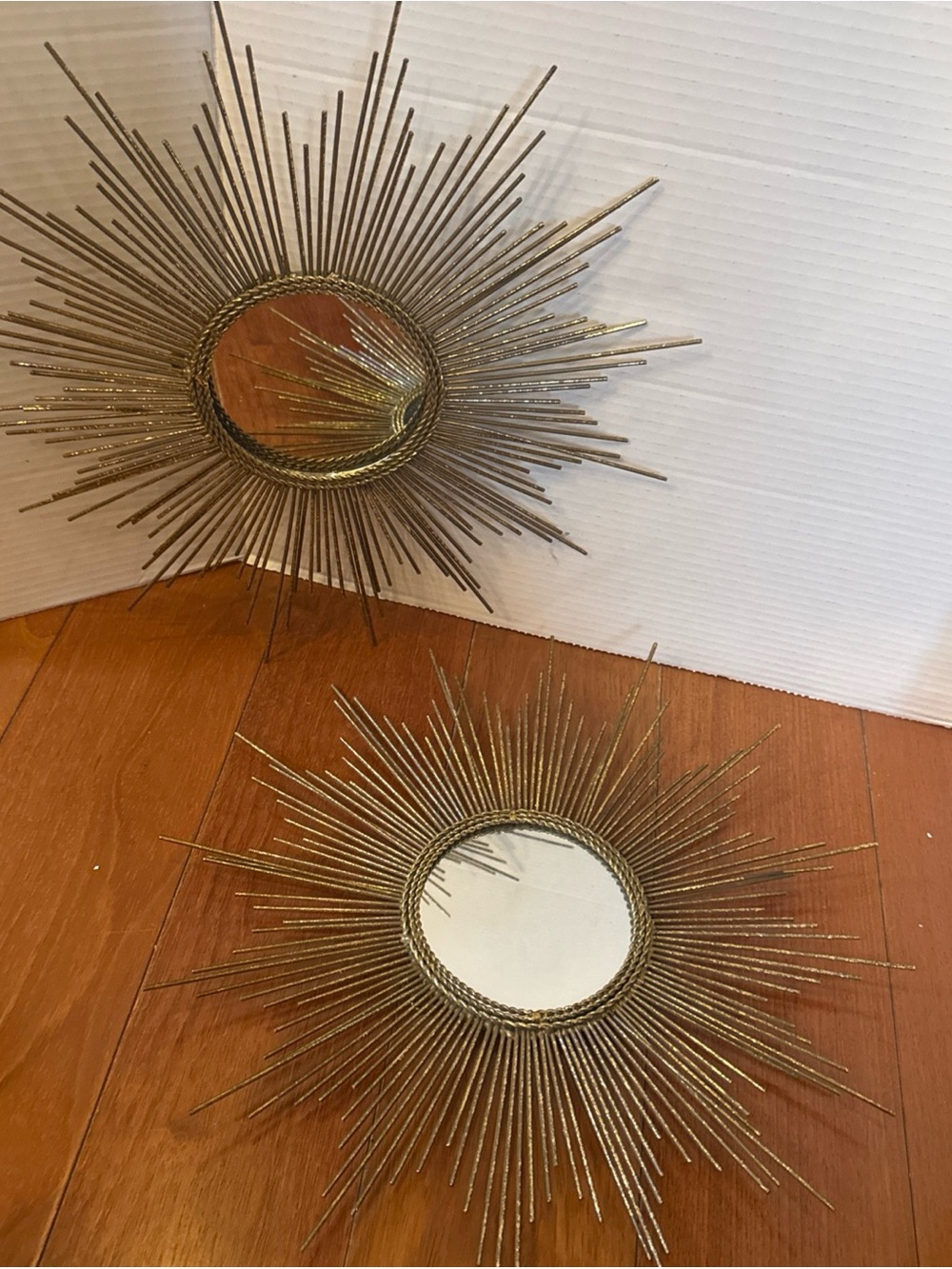 Pair of Pier 1 Imports Gold Sunburst Mirrors 15.5โ Mid Century Starburst Metal